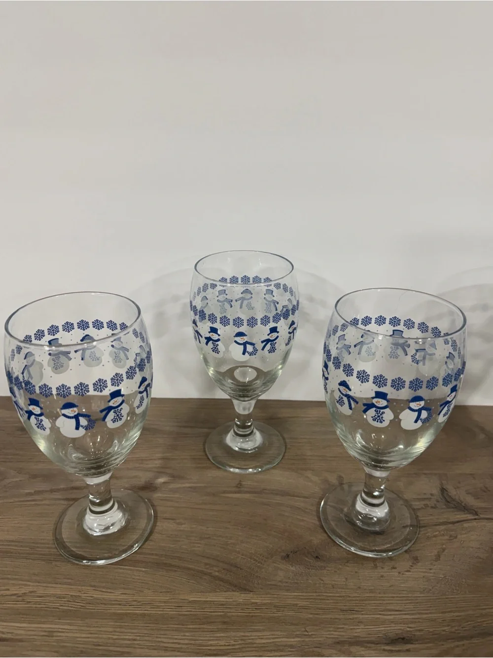 Libbey Blue Snowman Pattern Wine Glasses - Set of 3